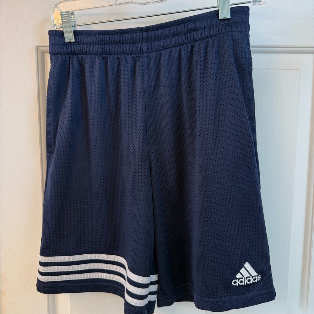Boys Adidas Navy Mesh Athletic Shorts with White Stripe